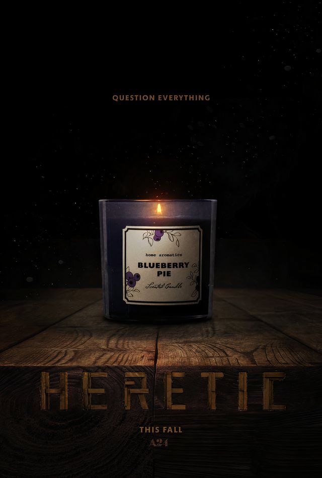 a blueberry pie candle glows on a table in the poster for A24's 'Heretic'