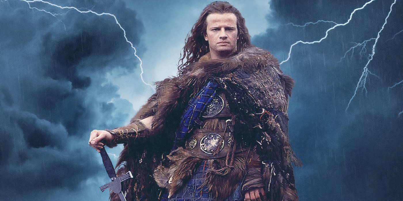 Connor MacLeod with wind blowing on his face and lightning on the background in Highlander