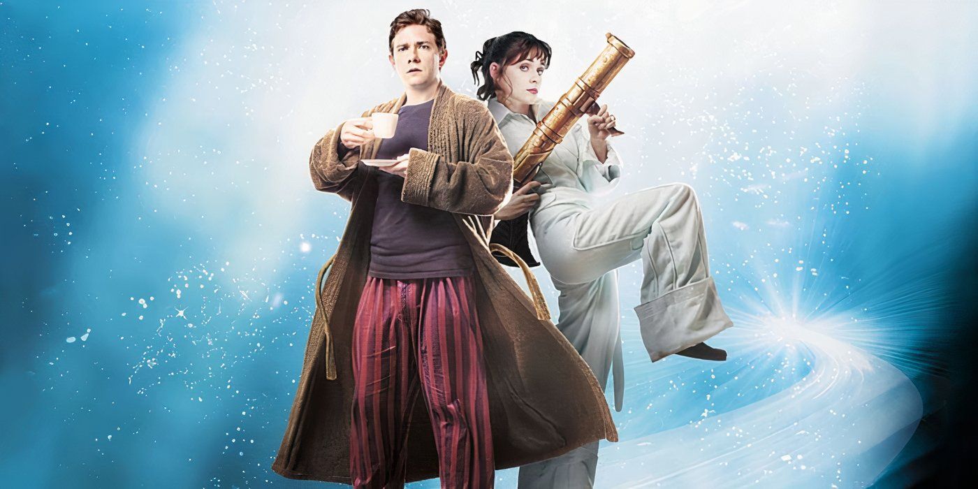 Martin Freeman as Arthur (left) poses next to Zooey Deschanel as Trillian (right) who poses with a large cannon