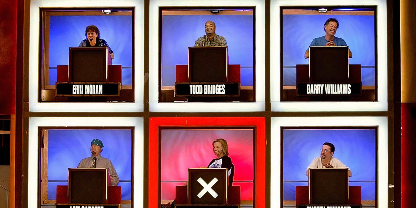 Celebrities sitting in four squares, one in the middle with an X in front of him in Hollywood Squares