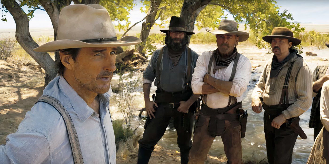 Luke Wilson, que interpreta a Van Weydan, se para frente a un grupo de hombres fuera de un arroyo en Horizon: An American Saga.