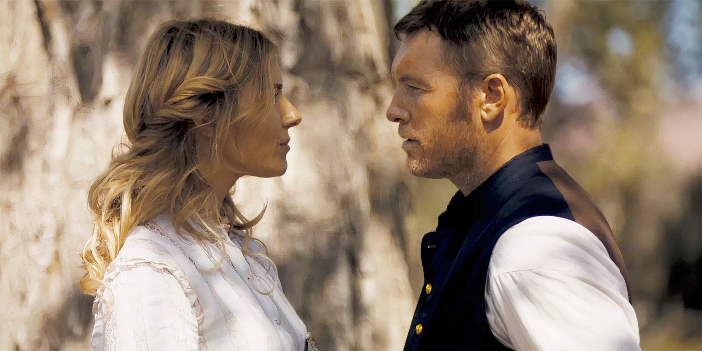 Sienna Miller as Frances looking at Sam Worthington as Gephart outside in Horizon: An American Saga