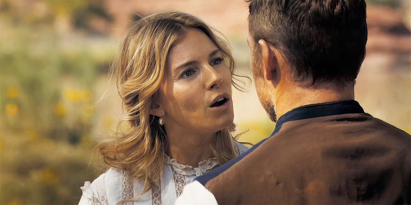 Sienna Miller as Frances speaking to Sam Worthington in Horizon: An American Saga