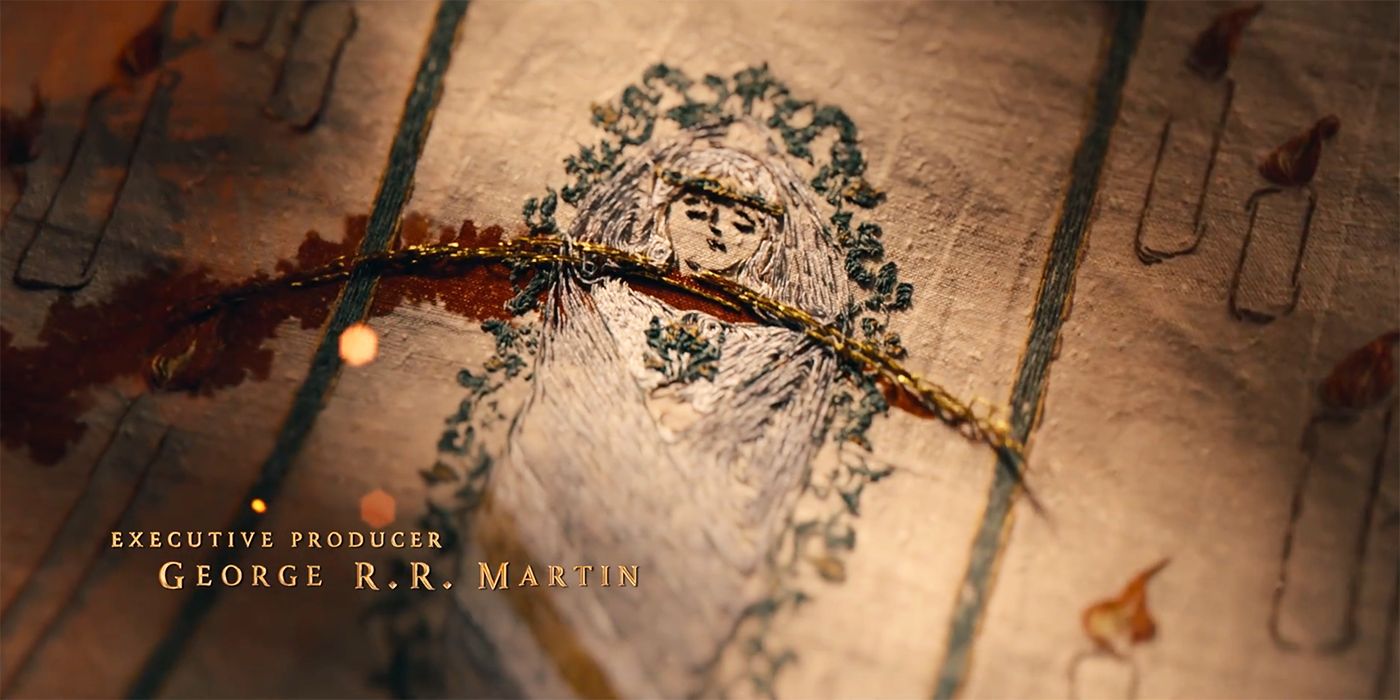 Baby Jaehaerys with a head severed during the funeral procession in a sewn tapestry from the House of the Dragon Season 2 credits
