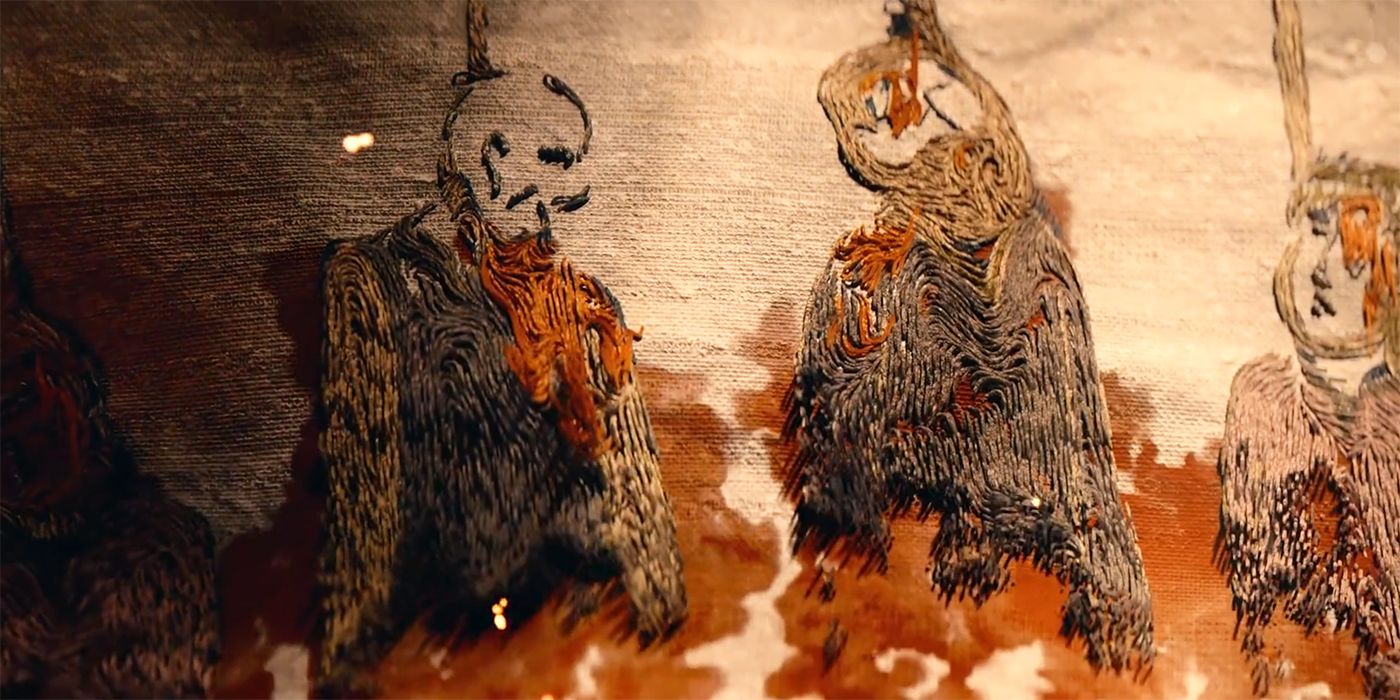 Ratcatchers hung outside the Red Keep in a sewn tapestry from the House of the Dragon Season 2 credits