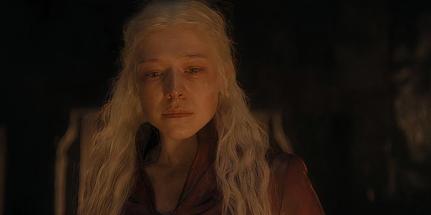 Rhaenyra Targaryen (Emma D'Arcy) looking down with tear-streaked face and messy hair in Dragon House