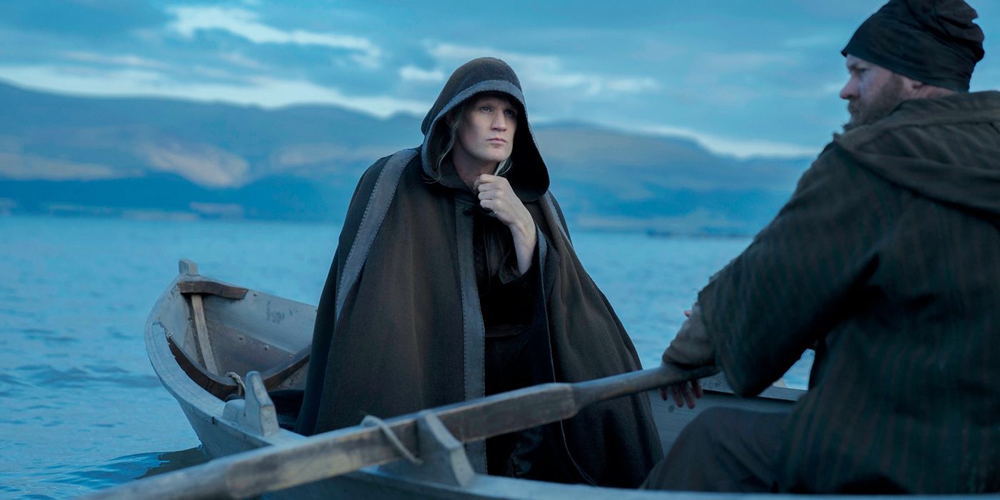 Matt Smith as Daemon in a cloak on a boat to King's Landing in House of the Dragon Season 1 Episode 2