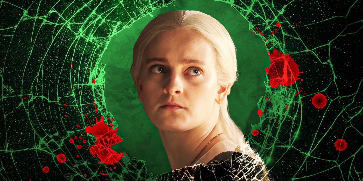 Phia Saban as Helaena Targaryen in the center of a bloody image with green background for House of the Dragon