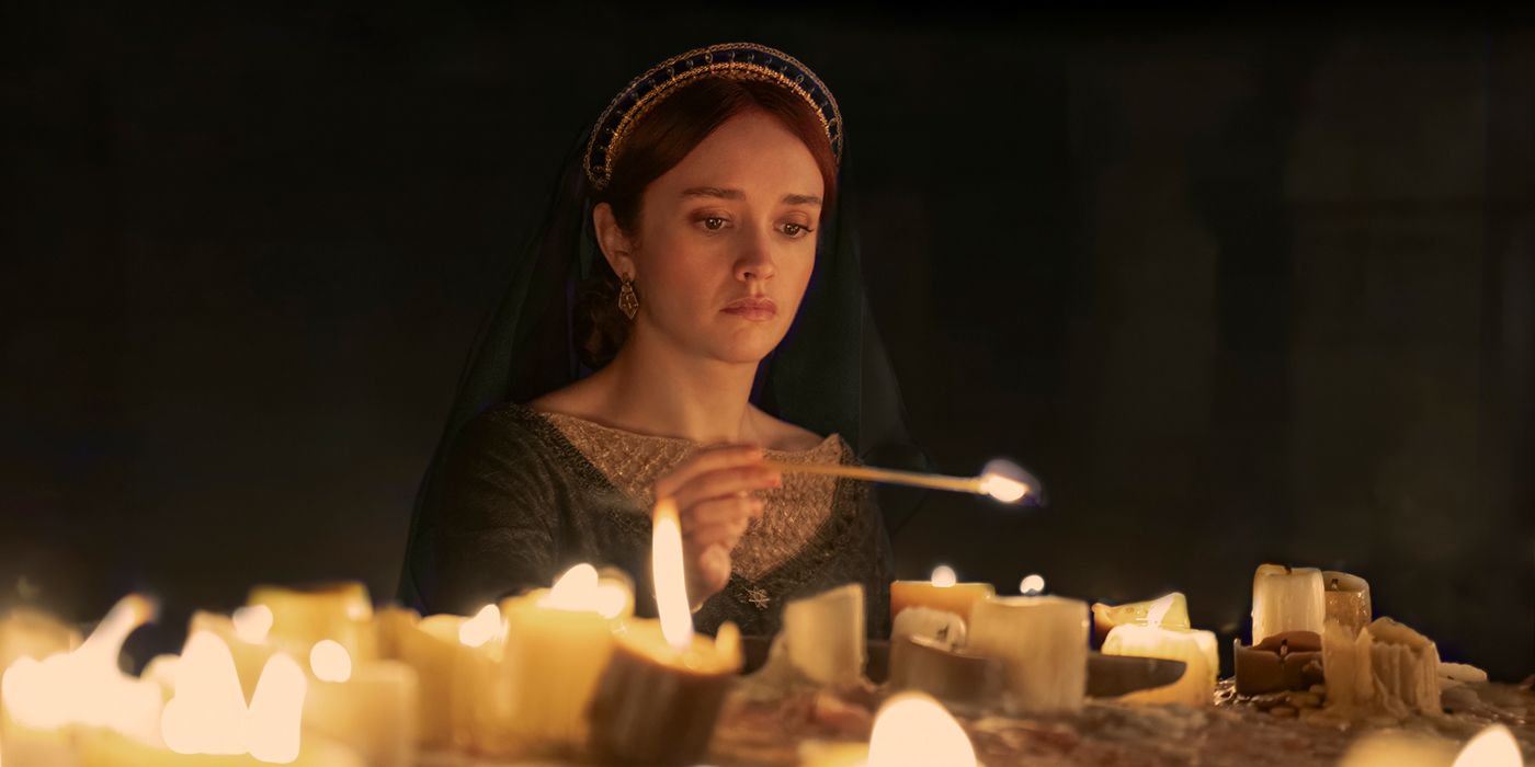 Olivia Cooke as Queen Alicent in House of the Dragon lighting a candle
