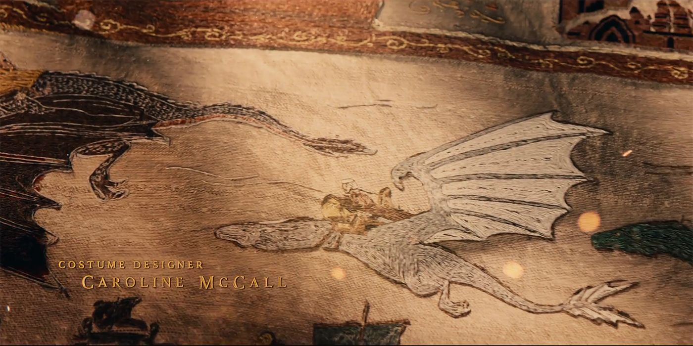 Aegon with his sisterwives on dragonback in a sewn tapestry from the House of the Dragon Season 2 credits