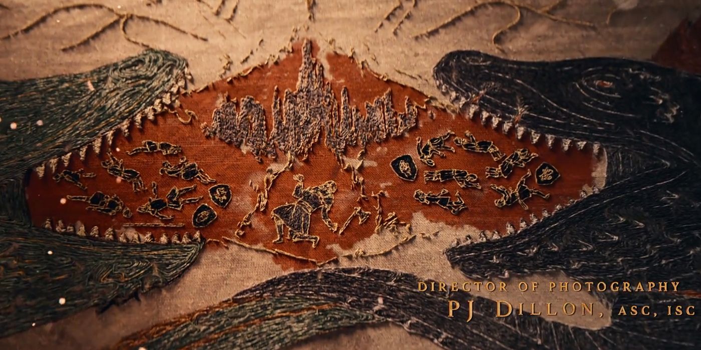 The dragons Balerion and Vhagar at two ends of a pool of bodies in a sewn tapestry from the House of the Dragon Season 2 credits