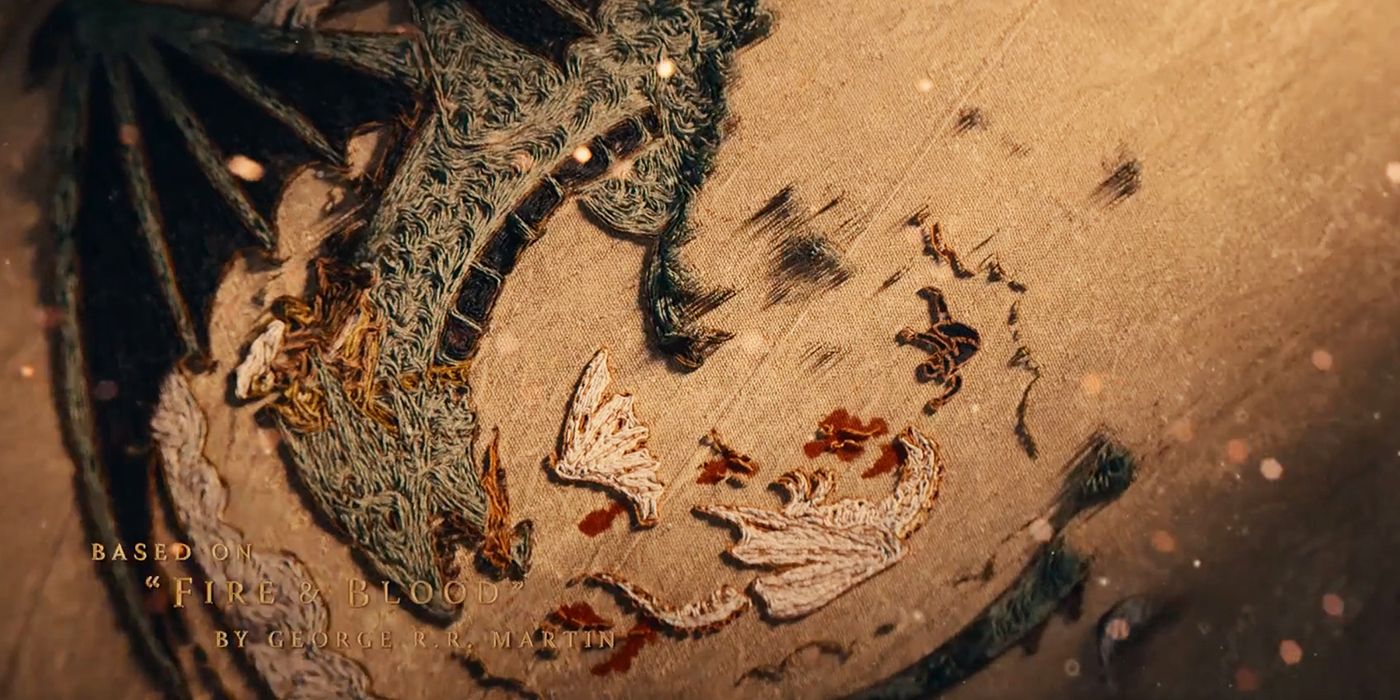Dragons Vhagar and Arrax on the battlefield in a sewn tapestry from the House of the Dragon Season 2 credits