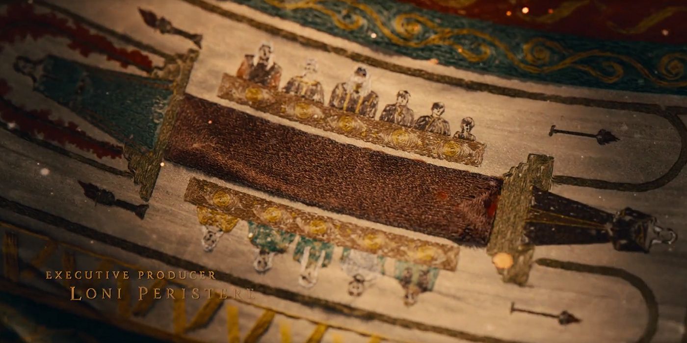 Rhaenyra and Alicent at opposite ends of a table with the Blacks and Greens on opposite sides in a sewn tapestry from the House of the Dragon Season 2 credits