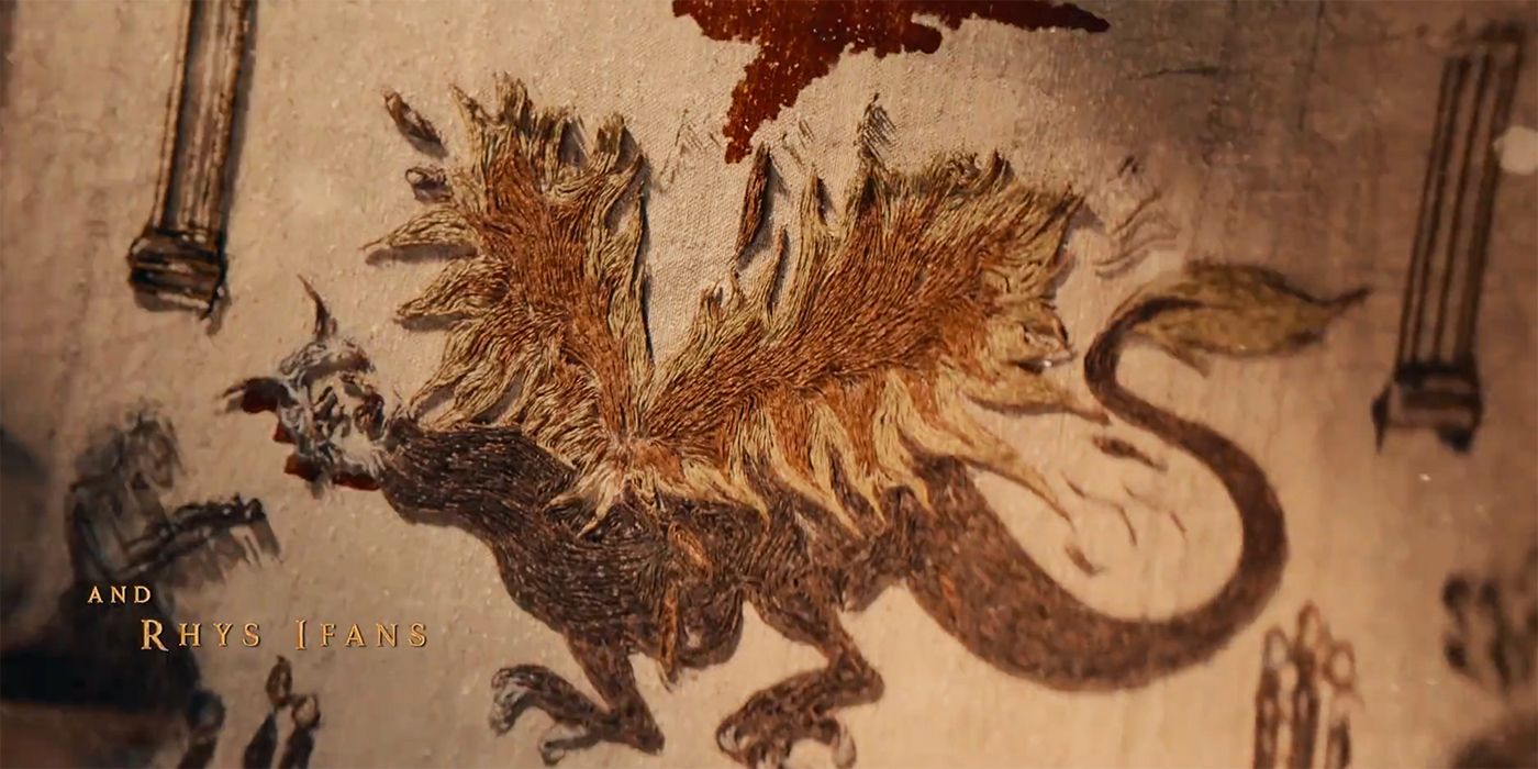 A Valyrian woman with a headless dragon in a sewn tapestry from the House of the Dragon Season 2 credits