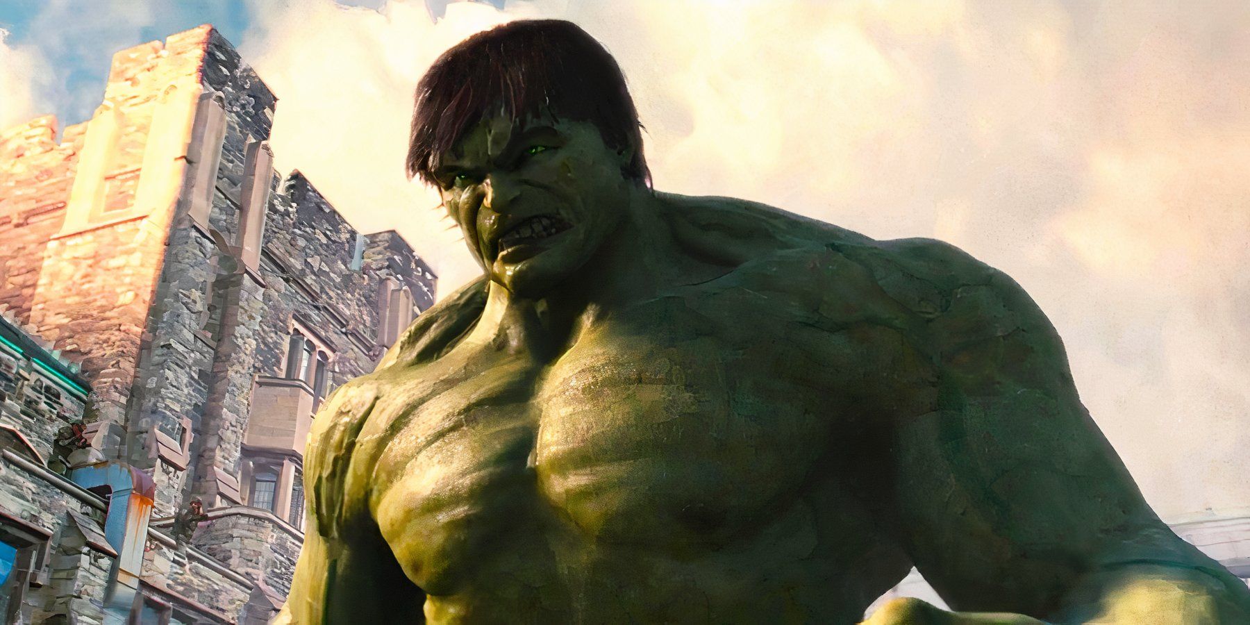 The Incredible Hulk (played by Edward Norton), grimaces with malice in an open field in The Incredible Hulk.