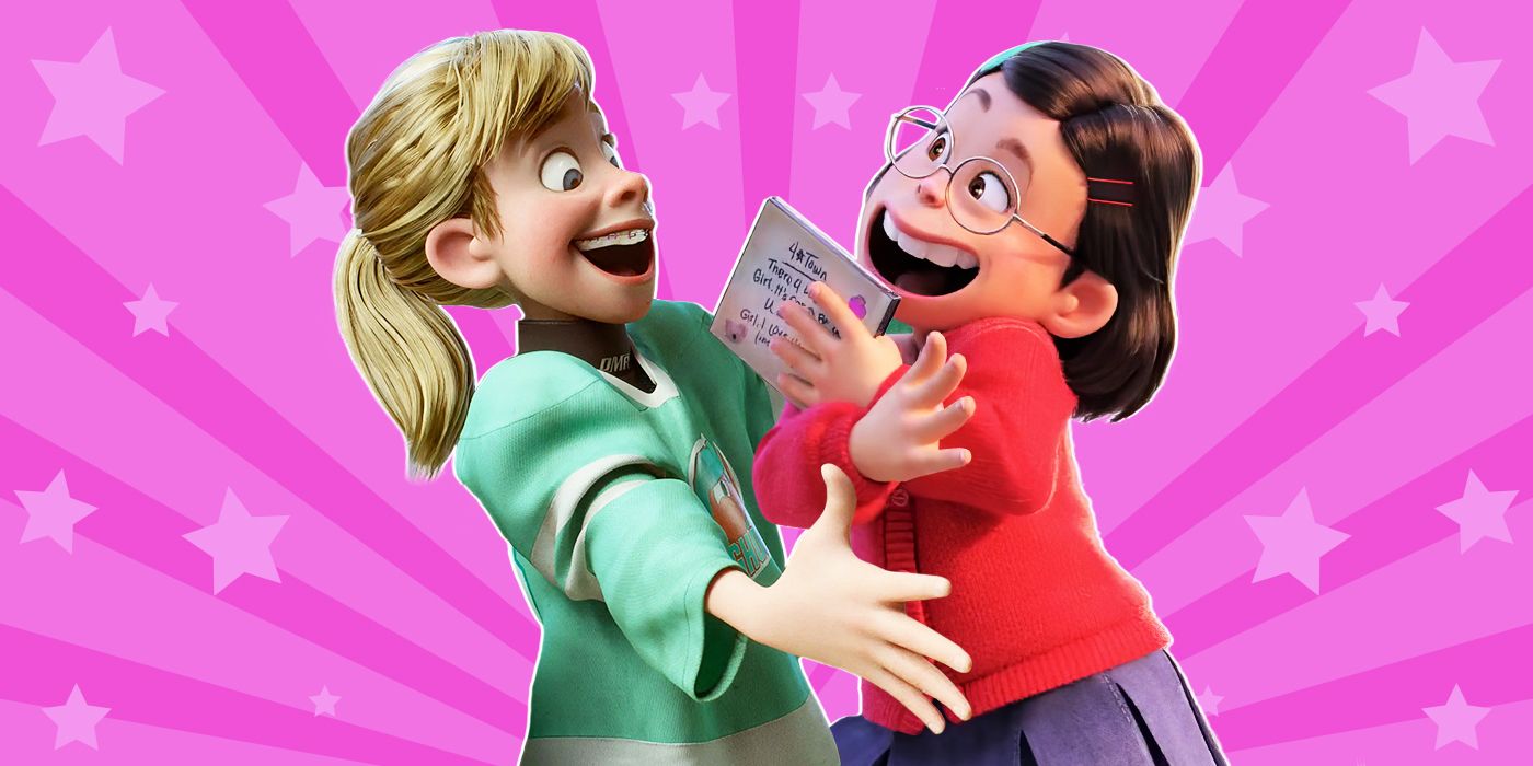 Riley and Mei of Pixar's Inside Out 2 and Turning Red, smiling excitedly in front of a pink background