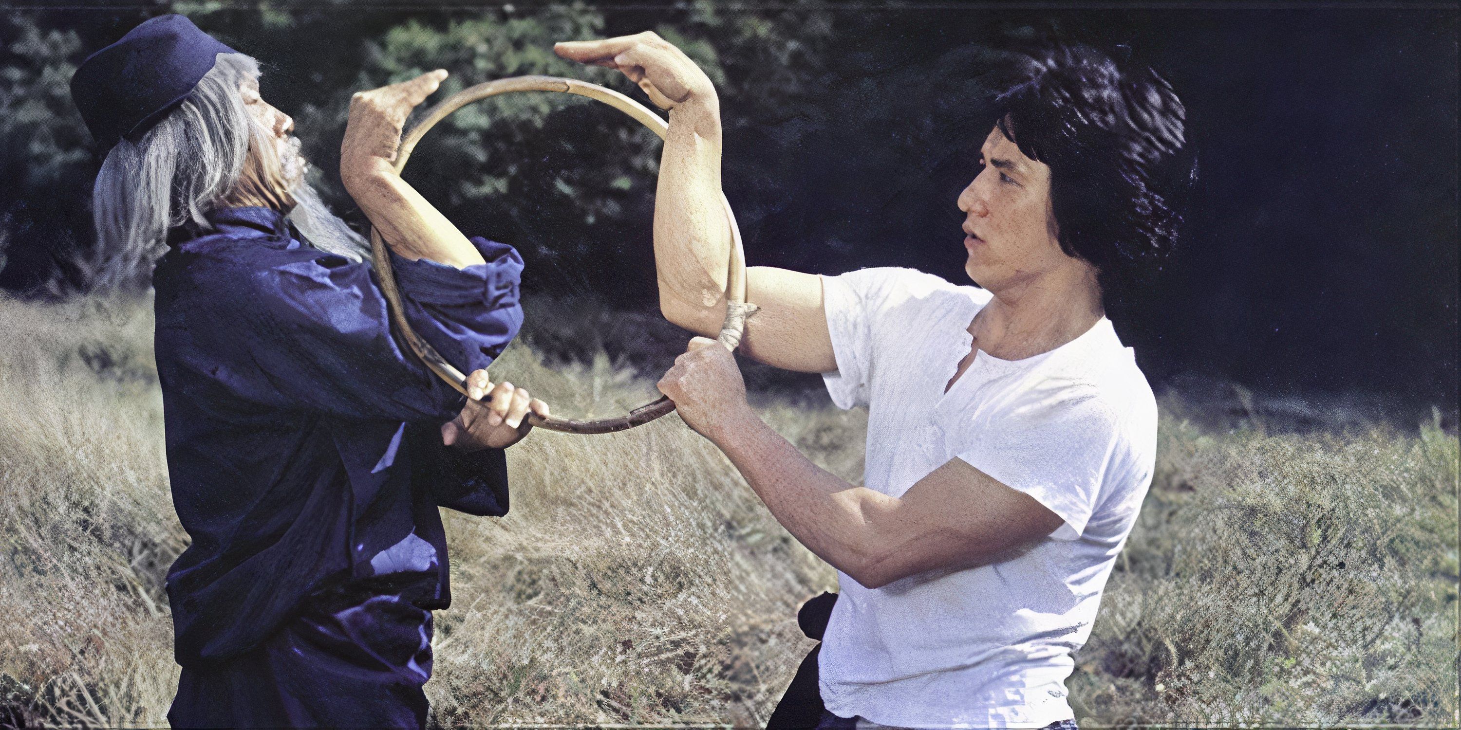 Jackie Chan training in martial arts with an old master in Snake in the Eagle's Shadow.