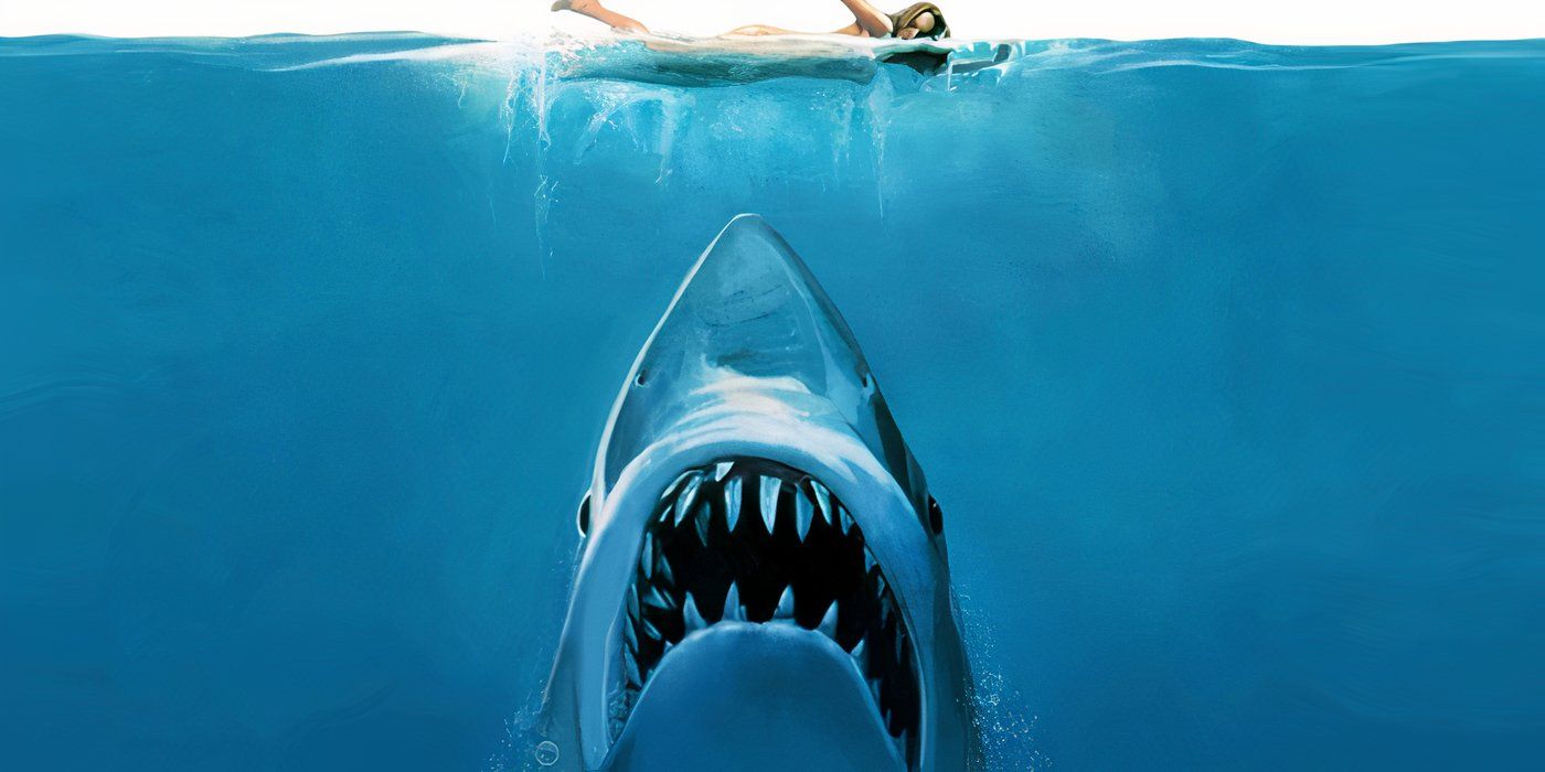 Imagem promocional de 'Tubarão' apresentando um grande tubarão branco nadando das profundezas do oceano enquanto um nadador se move pelo topo