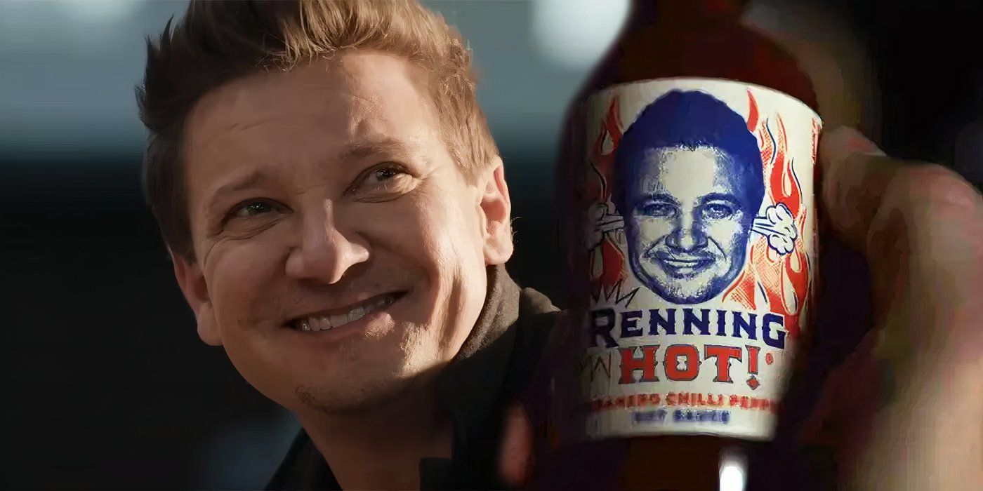 Jeremy Renner in Rennervations next to a bottle of hot sauce with his face on it from Glass Onion