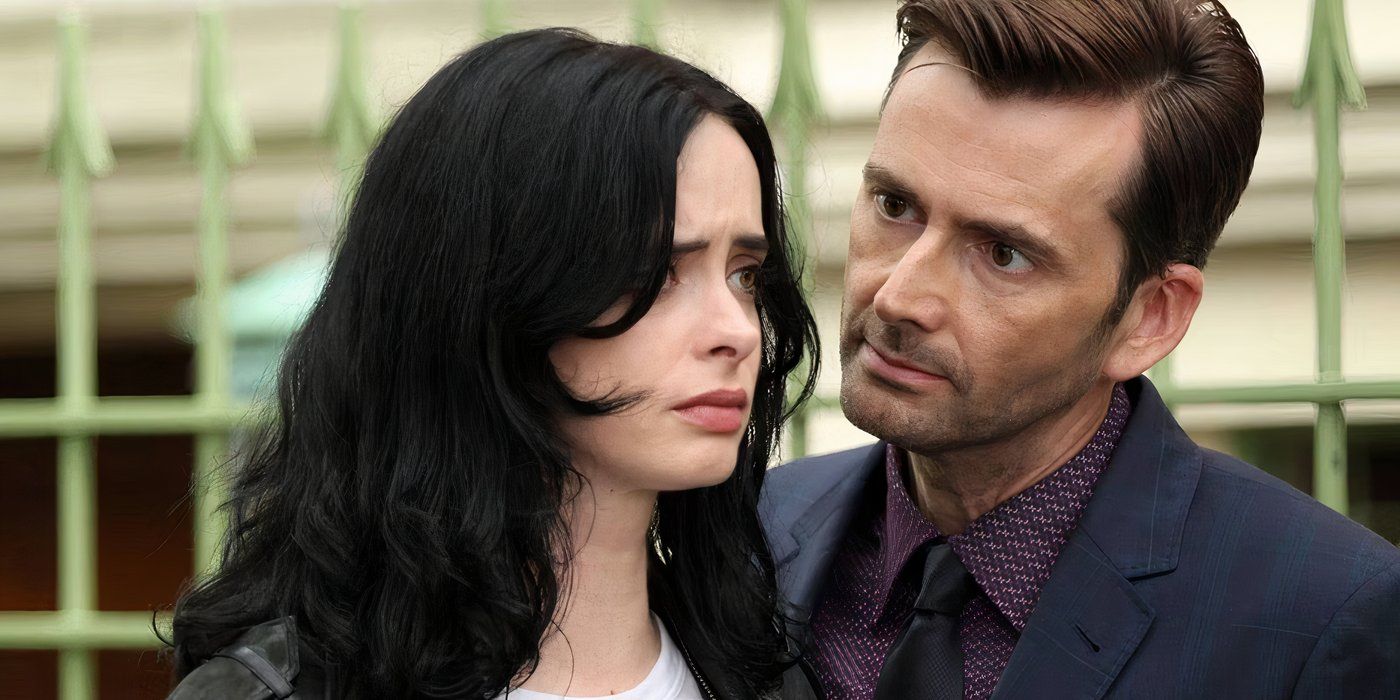 Jessica Jones (Krysten Ritter) staring ahead with a distressed expression while Kilgrave (David Tennant) hovers close