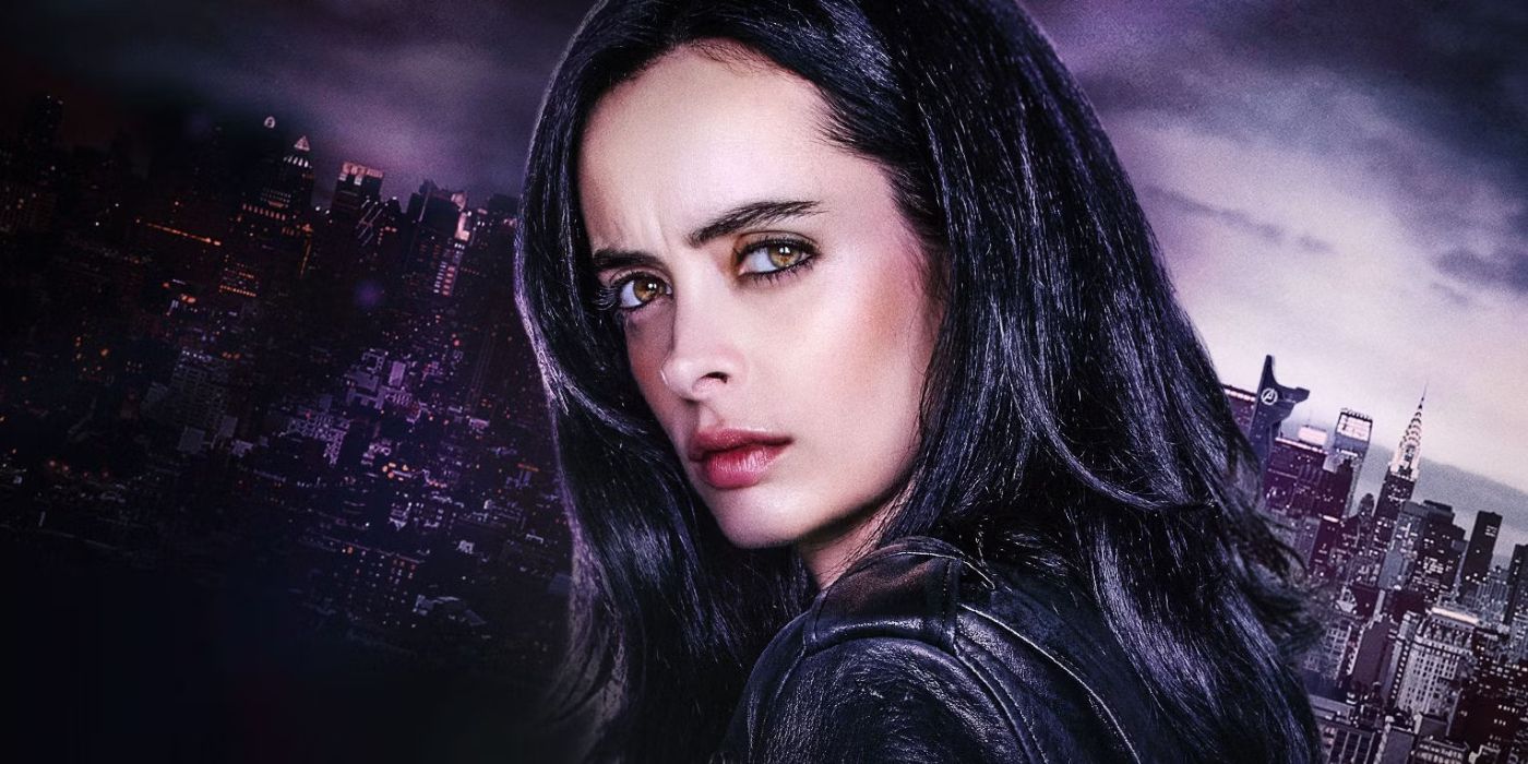 A close up of Jessica Jones (Krysten Ritter) staring sternly at the camera with a purple-tinted New York City cityscape behind her