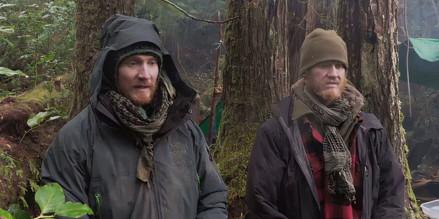 Twin red-headed brothers stand with winter gear on in the woods