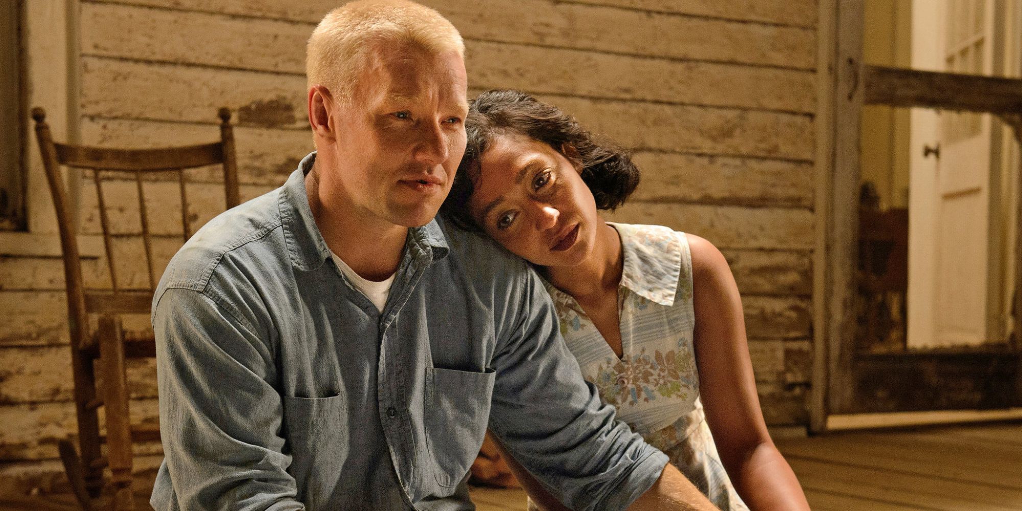 Richard and Mildred Jiter Loving embracing at the front porch in 'Loving'.