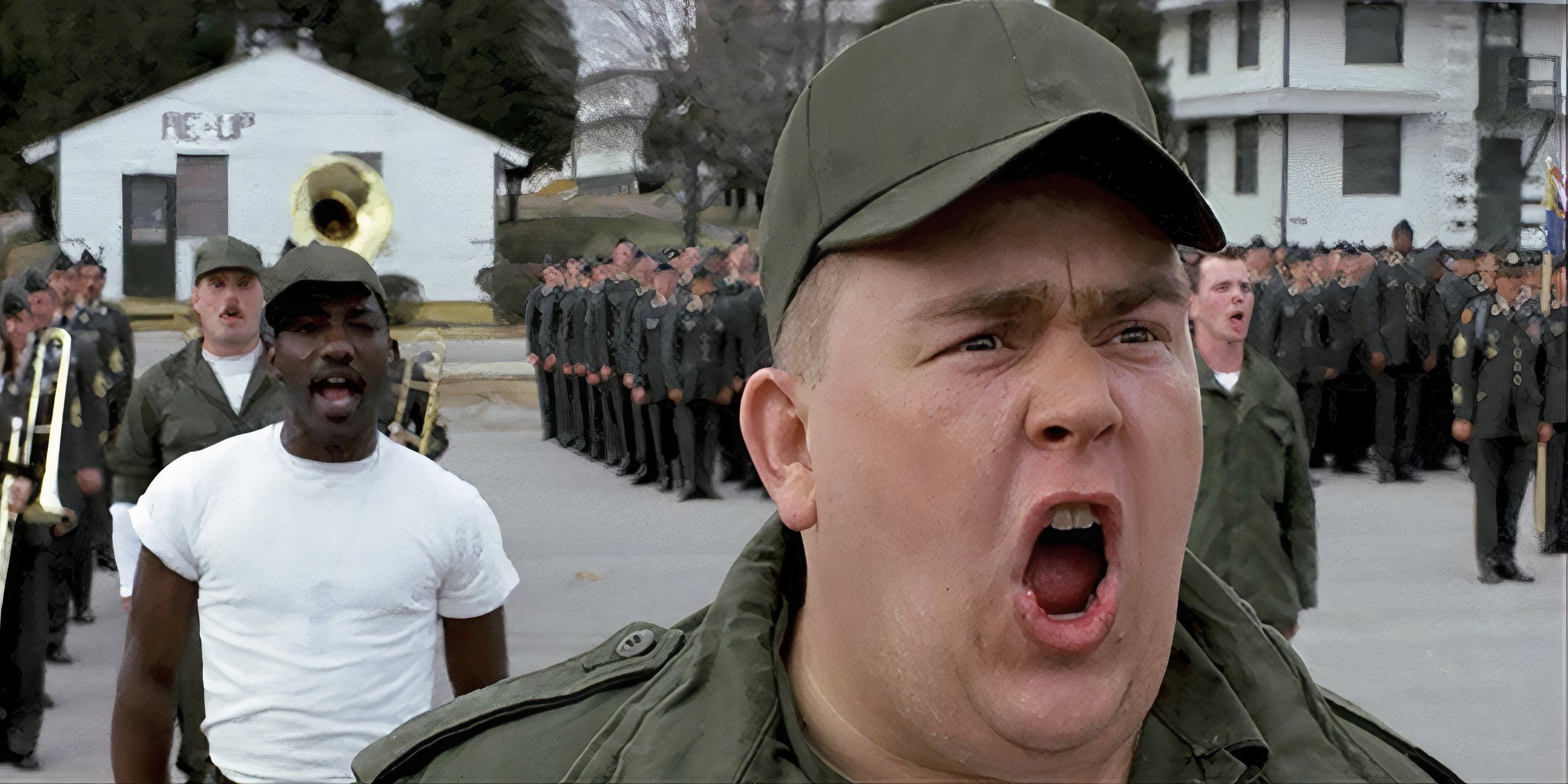 John Candy in military fatigues, yelling with the rest of the unit behind him in Stripes.