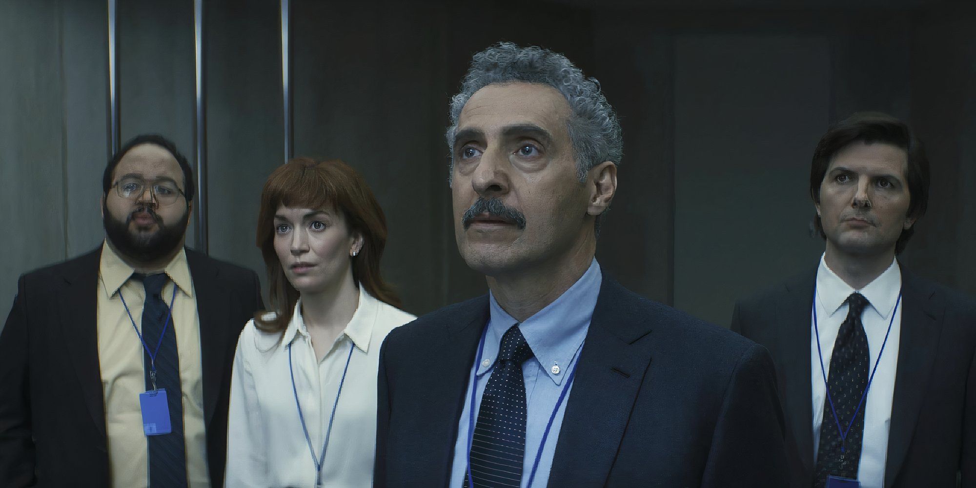 John Turturro, Adam Scott, Britt Lower, and Zach Cherry in Severance episode In Perpetuity