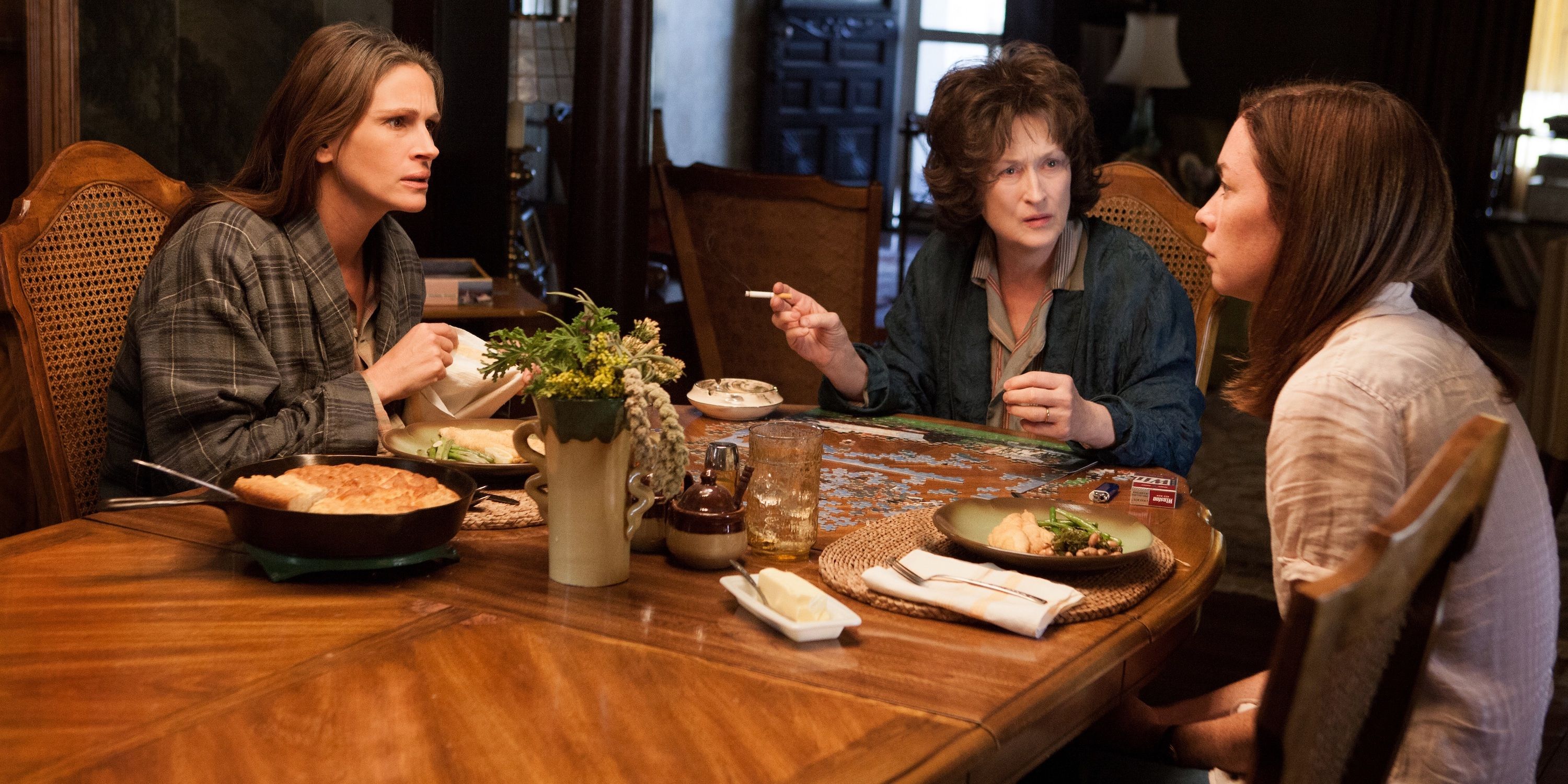 Julia Roberts, Meryl Streep y Julianne Nicholson en el condado de Osage en agosto