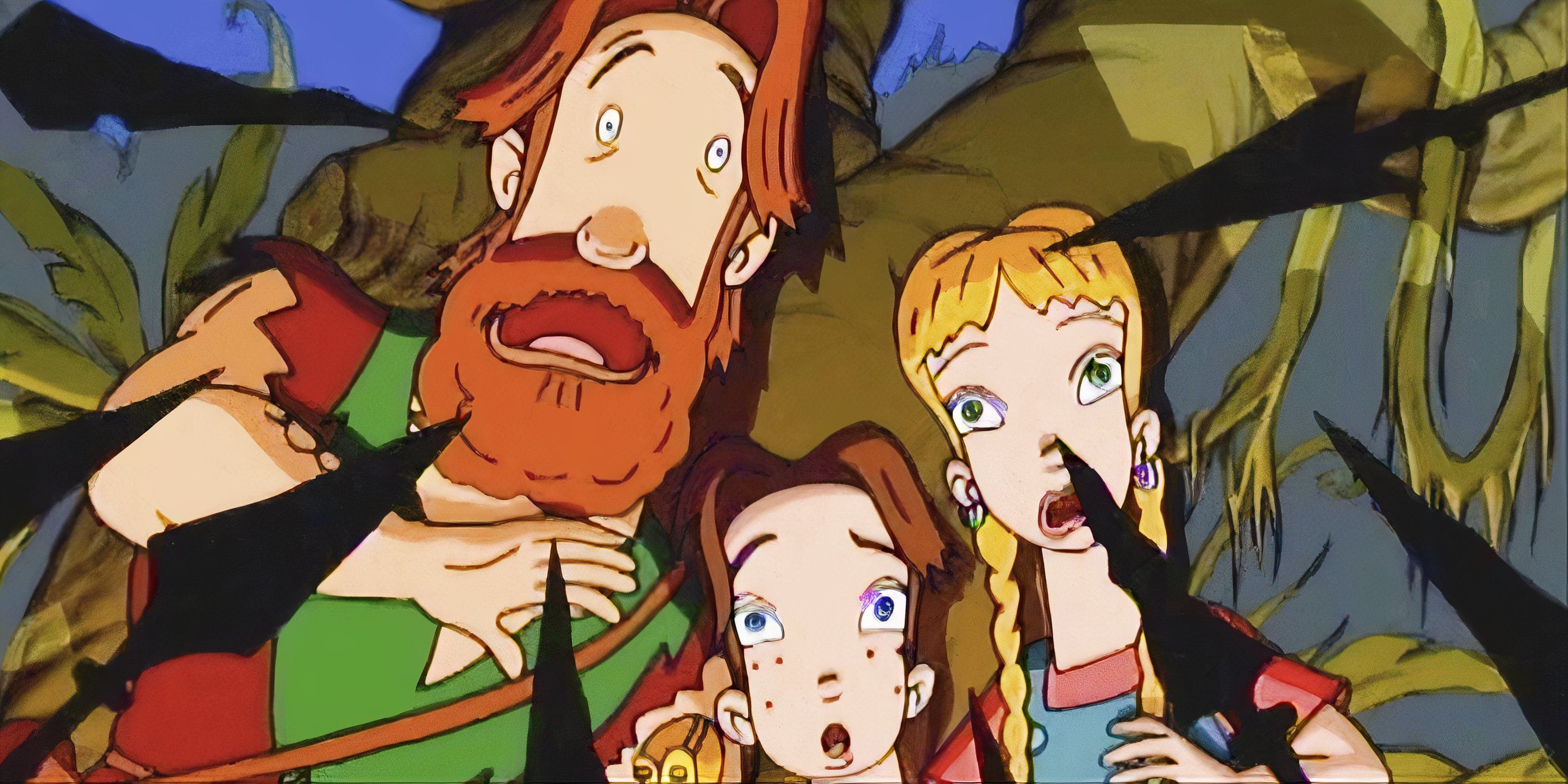 The characters of Jumanji the Animated Series being ambushed by creatures with spears.
