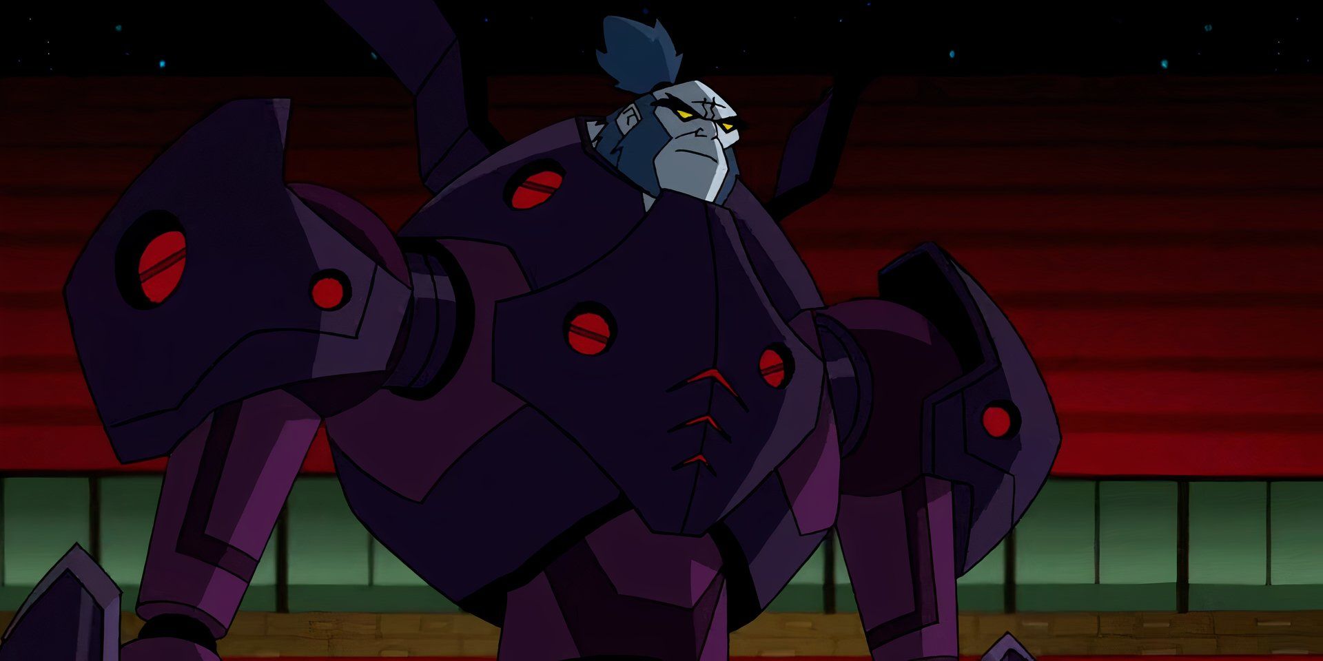 A large, daunting villain wearing high-tech purple armor covering his entire body by the name of Kenko in 'Ben 10'