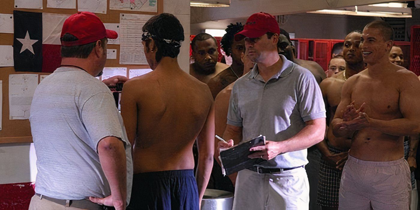 Coach Eric Taylor stands among players and coaches in the locker room in Friday Night Lights