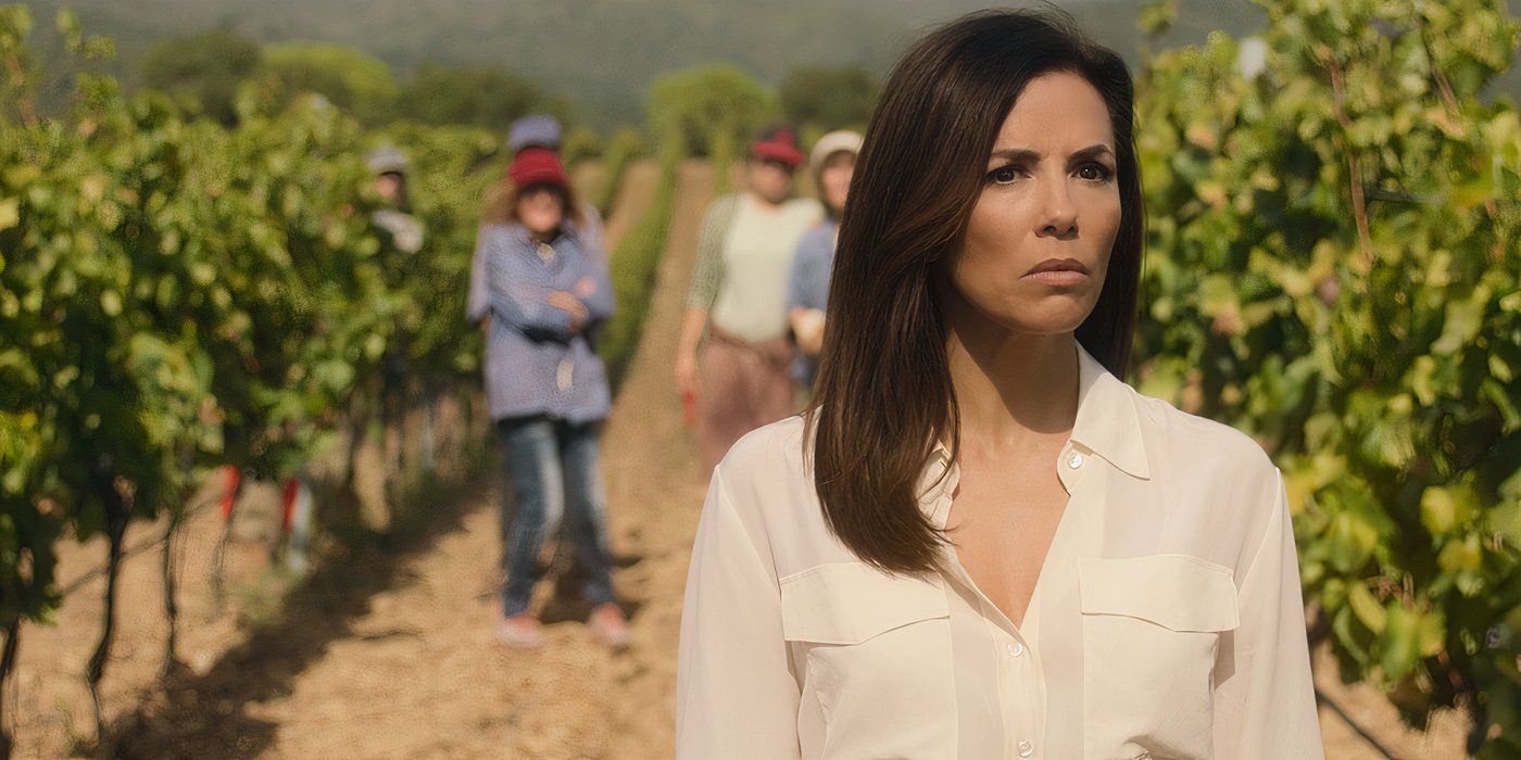 Eva Longoria standing in the middle of vineyard with an annoyed expression in 'Land of Women'.