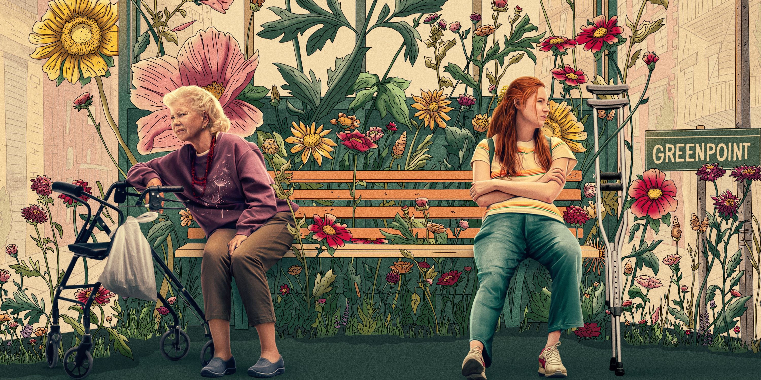 Karen Gillan and Margaret Sophie Stein sitting on either end of a bench on the poster for Late Bloomers