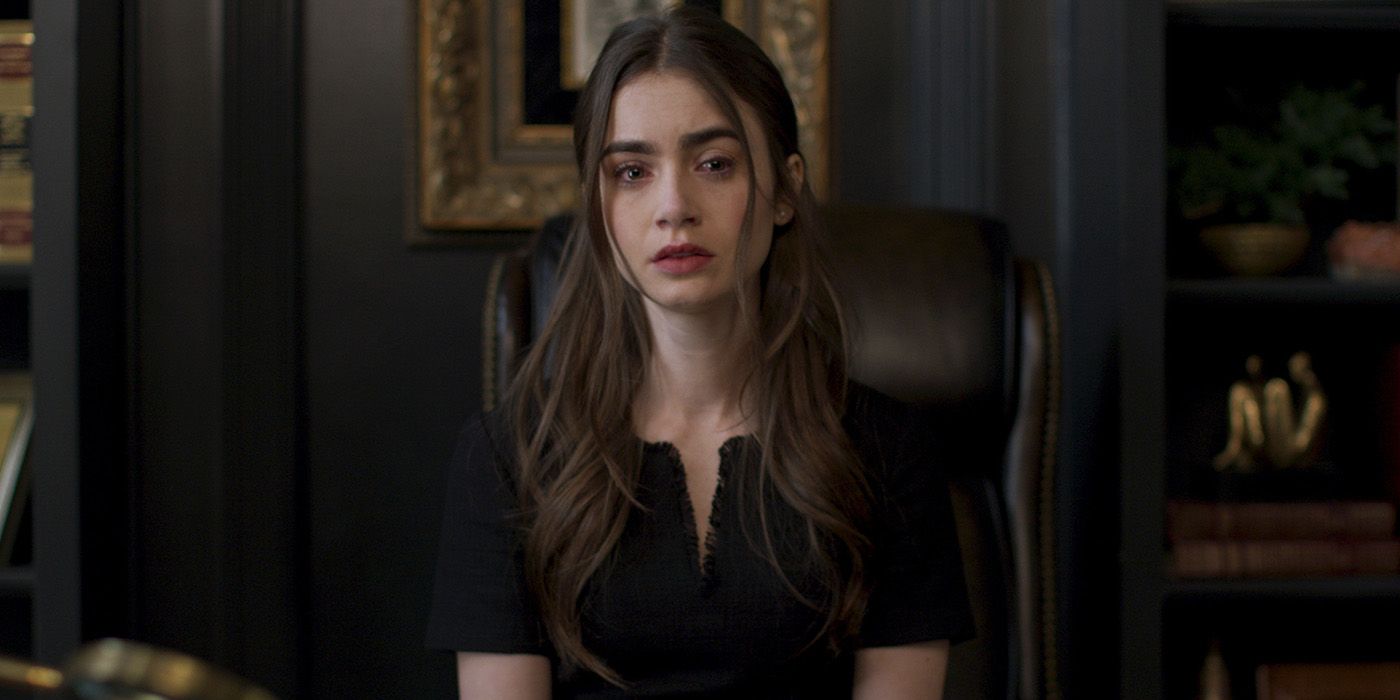 Lily Collins looking upset in Inheritance