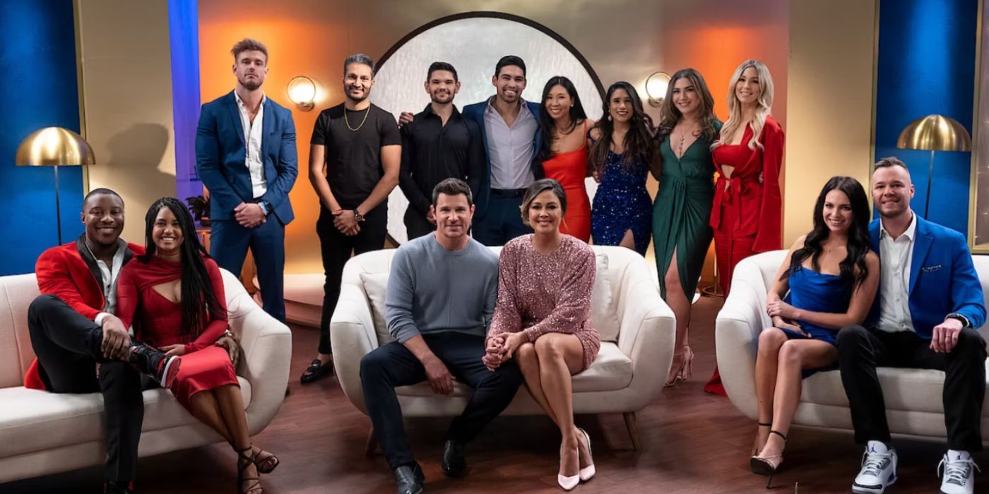 Love Is Blind Season 2 couples and cast members with host Nick and Vanessa Lachey.