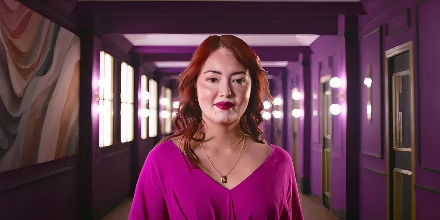 Márcia Ishimoto standing in the middle of a purple corridor in 'Love Is Blind: Brazil'.