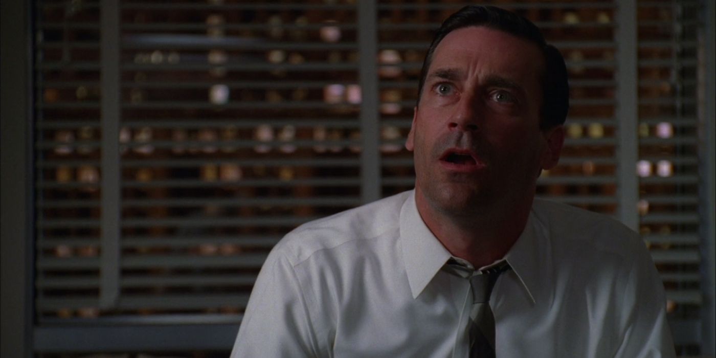 Sitting in a white shirt and tie in his office, Don Draper (Jon Hamm) looks aggrevated and bemused as he argues with an employee in &lsquo;Mad Men&rsquo; Season 4, Episode 7 &ldquo;The Suitcase&rdquo; (2011).