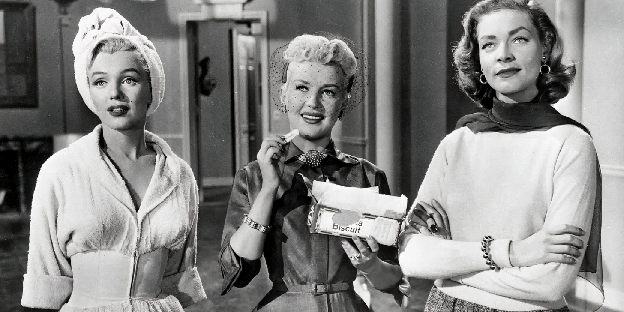 Marilyn Monroe, Betty Grable y Lauren Bacall aparecen en una fotografía en blanco y negro de Cómo casarse con un millonario.