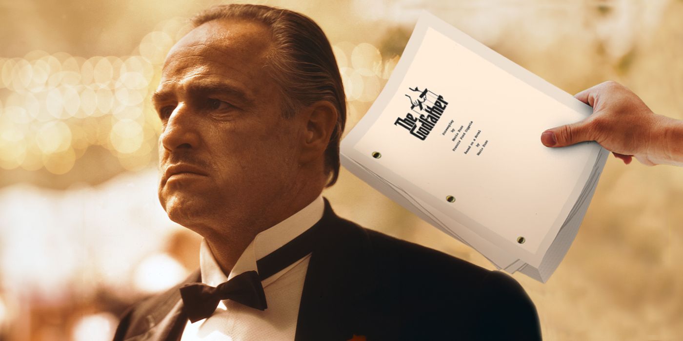 Marlon Brando as Vito Corleone of The Godfather, superimposed next to a hand offering him a script