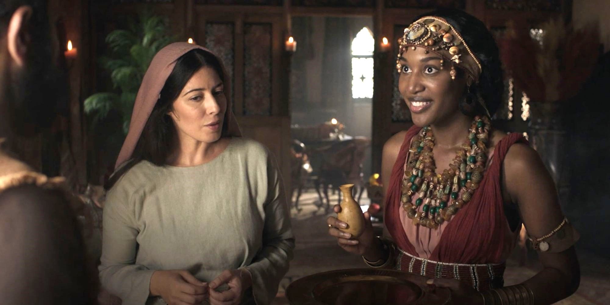 Maria Magdalene (Elizabeth Tabish) e Tamar (Amber Shana Williams) discutem o azeite nos escolhidos.