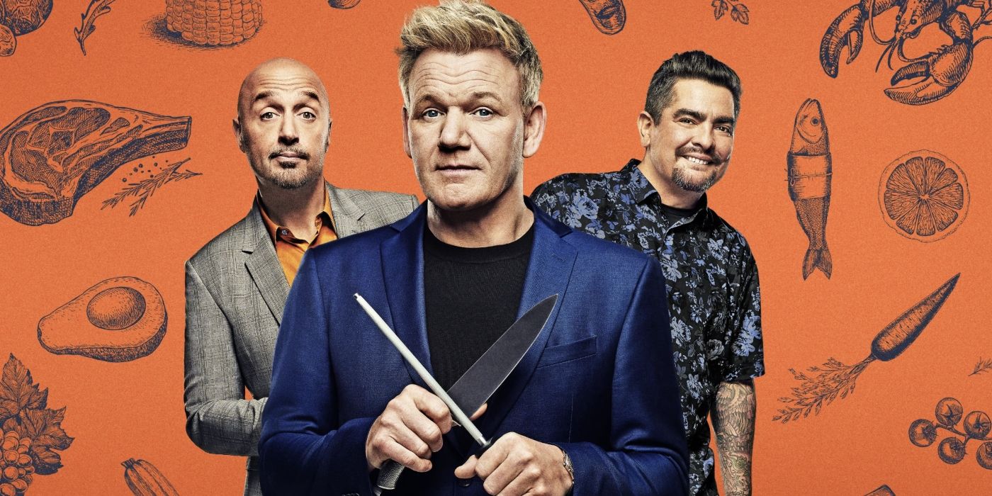 The 'MasterChef' judges (Joe Bastianich, Gordon Ramsay, and Aaron Sanchez) in a promotional still.