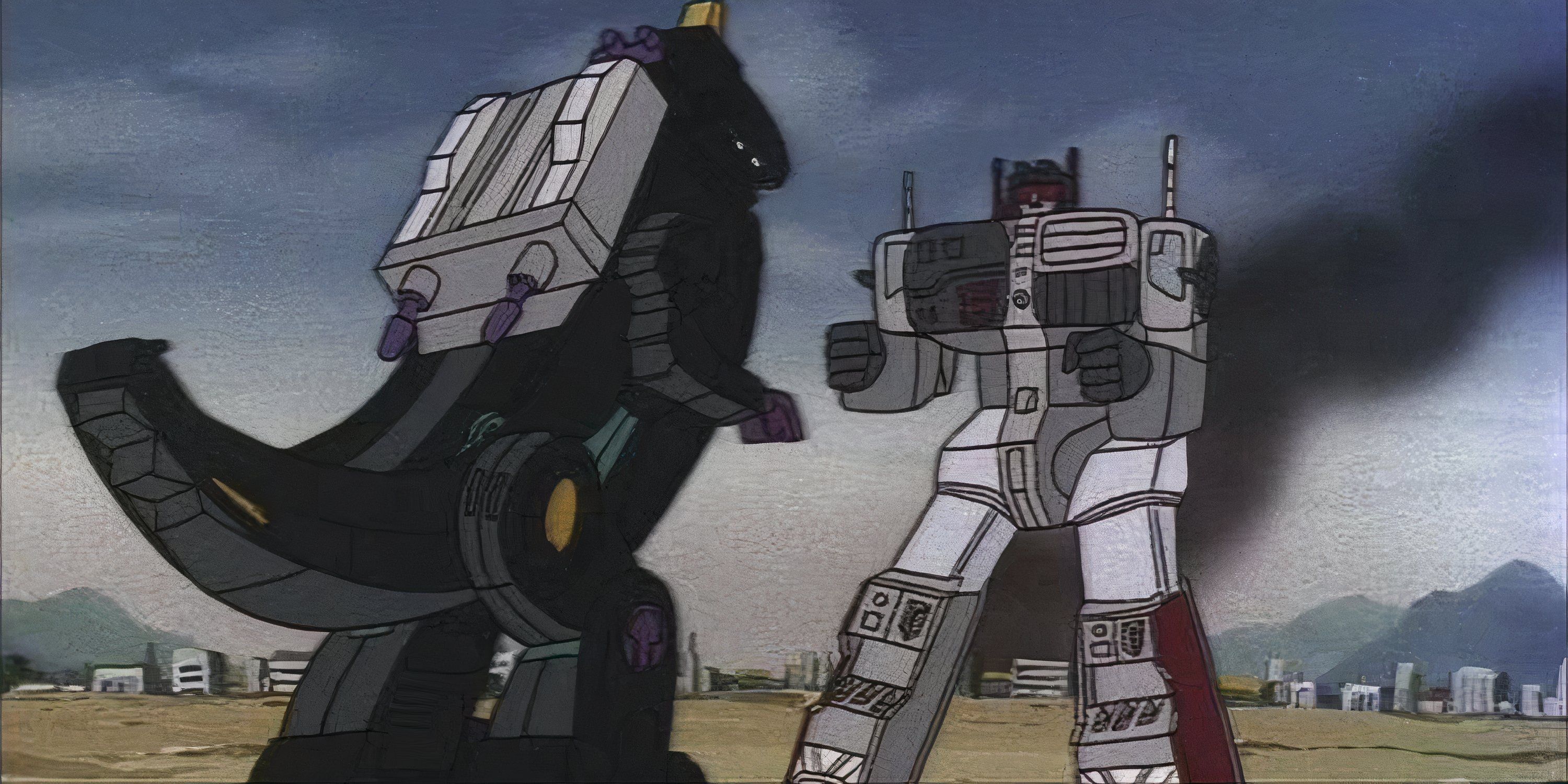 Metroplex fighting a mechanical dinosaur in Transformers (1984)