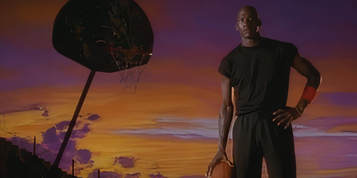 Michael Jordan stands in front of a basket at “Michael Jordan's Playground” holding a basketball during an atmospheric sunset.