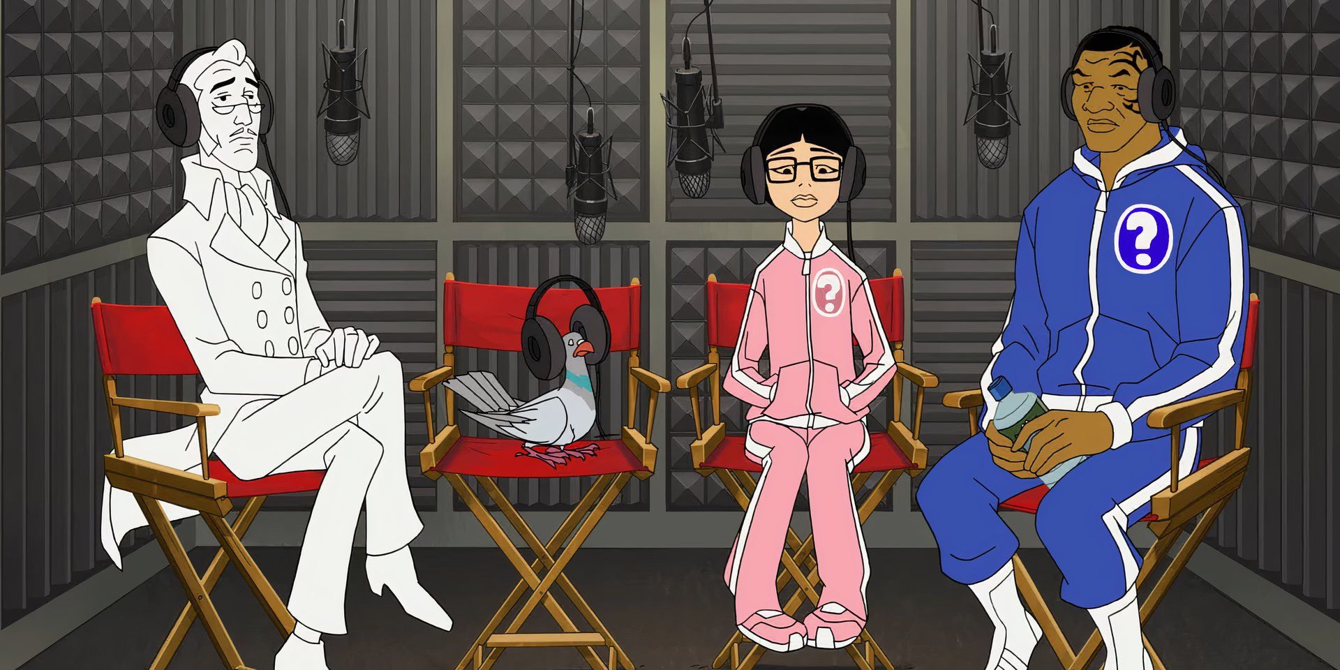 The cast of characters of Mike Tyson Mysteries, including Mike Tyson, Yung Hee, Pigeon, and the Marquess of Queensberry, all sitting together in a recording booth.