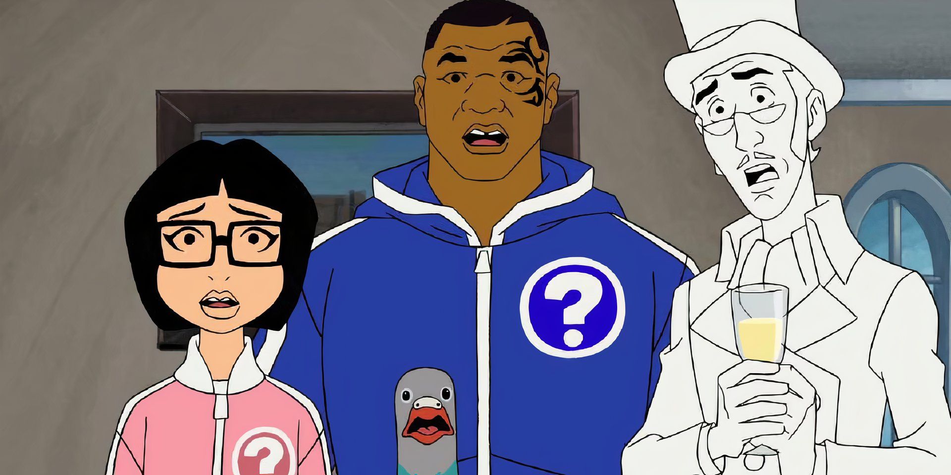 The main cast in Mike Tyson Mysteries looking at the camera with a shocked expression on their faces