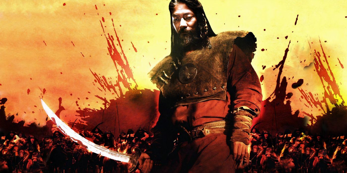 Promotional image for 'Mongol' featuring Genghis Khan against a golden backdrop spattered with blood