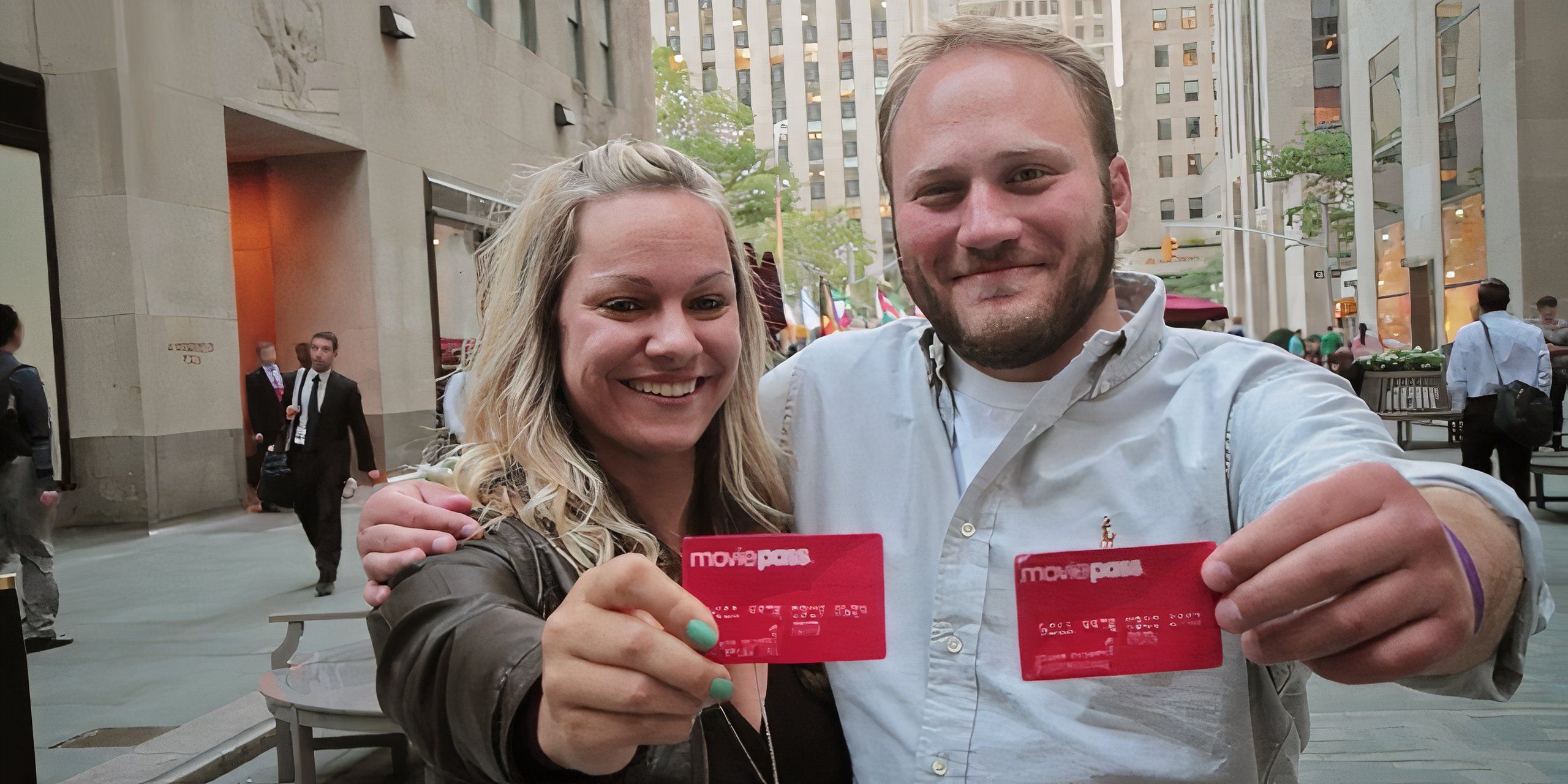 MoviePass, MovieCrash – a pair of subscribers pose with their MoviePass cards in Rockefeller Center