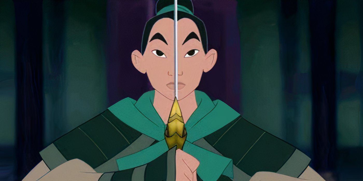 Fa Mulan disguised as a male soldier, holds her jian sword vertically in front of her face